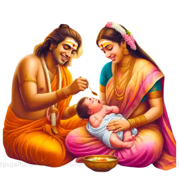 Annaprashan is a Hindu ritual that marks the first time a baby is given solid food. It is typically performed when the baby is between 6 and 8 months old. The puja, or ceremony, typically involves the baby being fed a small amount of rice by the mother or father, while prayers and mantras are recited by a Hindu priest. The food is often mixed with ghee, honey, and other auspicious ingredients. The ritual is believed to bestow the baby with good health, a strong digestion, and the ability to learn and grow.